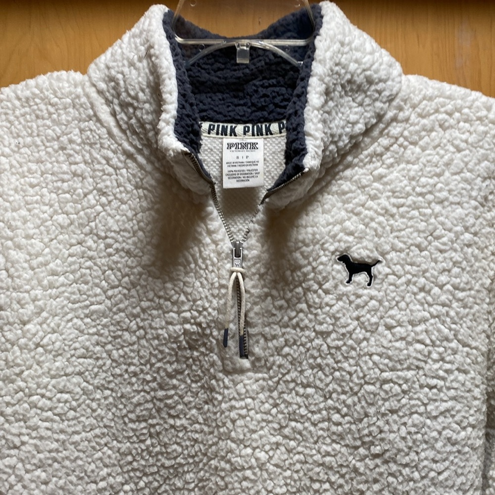 Pink 1/4 zip white fleece pull over. Sz S. Good condition. - Picture 2 of 5